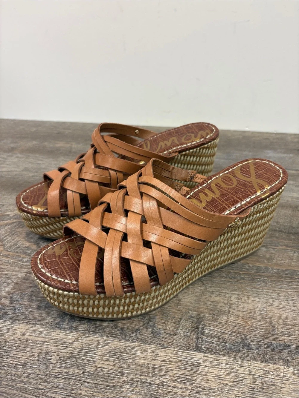 Sam Edelman Devon Brown Leather Strappy Platform Wedge Slide Sandals  Size 8